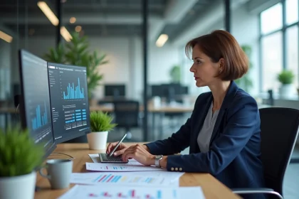 Responsable achats analysant les indicateurs de performance fournisseurs sur des écrans dans un bureau moderne