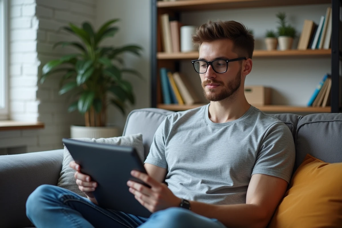 Freelance consultant en marketing numérique étudiant les tarifs et budgets des publicités Facebook sur une tablette à domicile