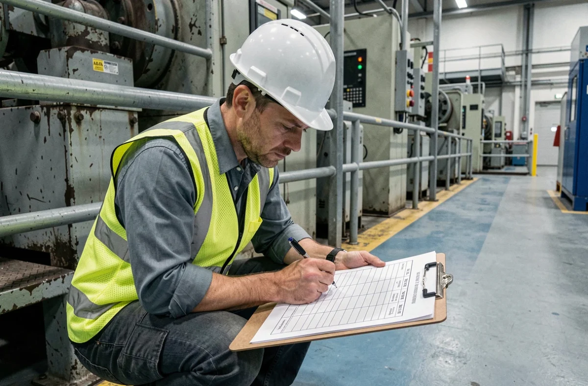 Technicien QSE en tenue de sécurité prenant des notes sur un formulaire d'analyse d'incident structuré directement sur le terrain dans une usine industrielle