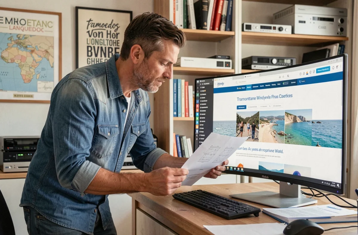 Développeur web de Tramontanaweb comparant une maquette de site avec la version en ligne sur un moniteur ultrawide dans un bureau inspiré de la Méditerranée