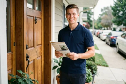 Jeune vendeur porte à porte souriant devant une maison résidentielle tenant un dossier de brochures commerciales