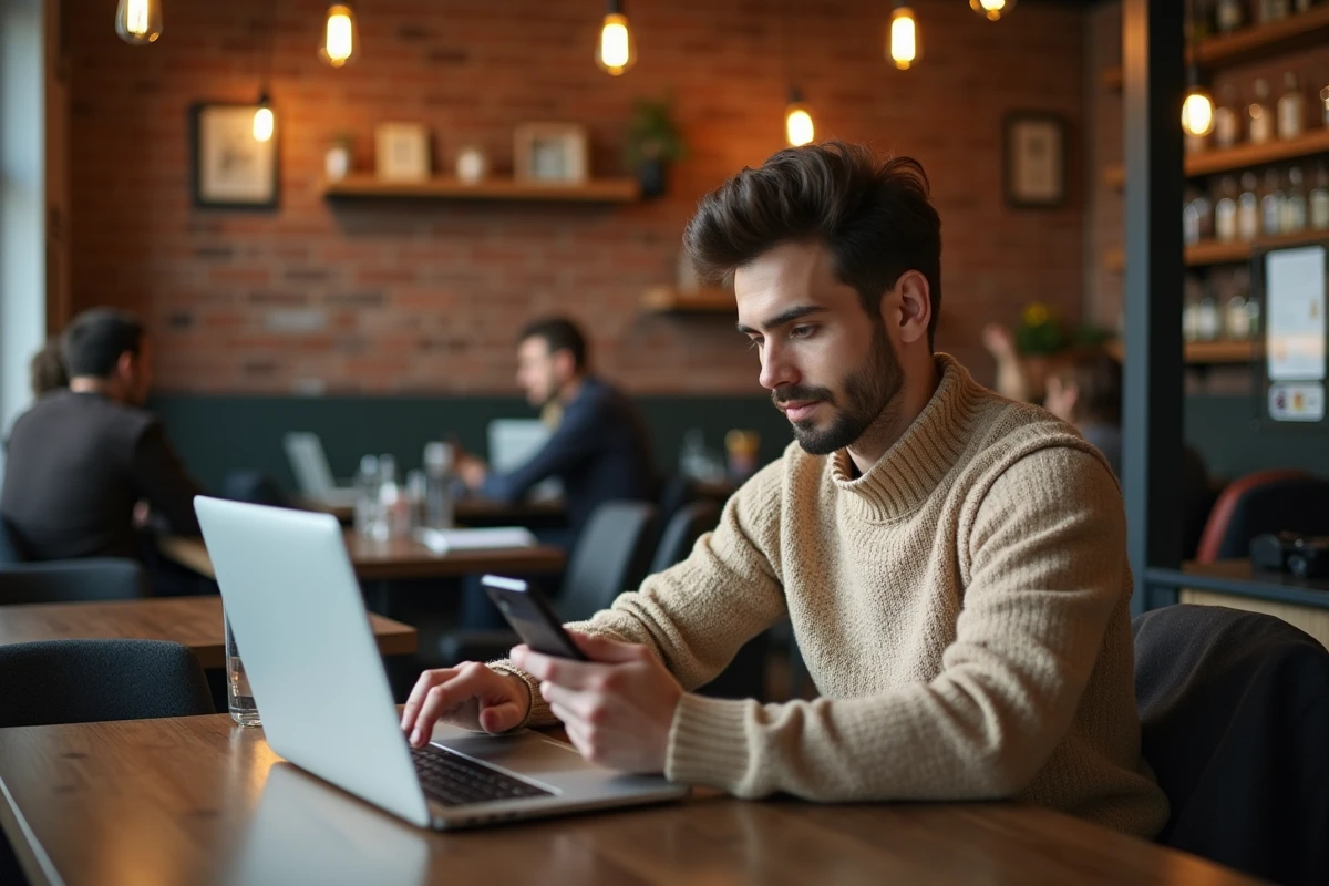 Jeune professionnel vérifiant ses e-mails de réseautage sur smartphone dans un café urbain