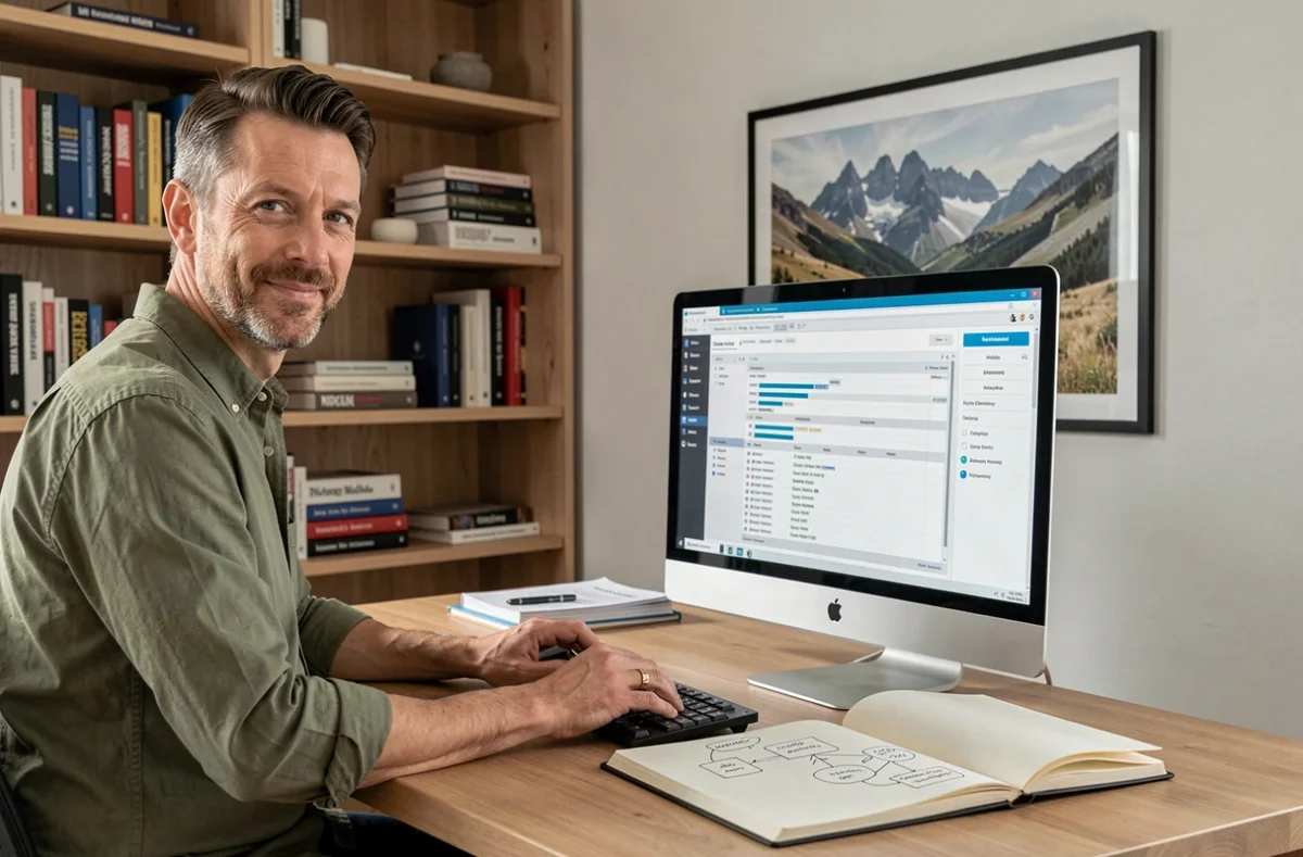 Consultant SEO indépendant Vincent Hégo analysant des données de backlinks et des architectures de site dans son bureau minimaliste avec vue sur les Pyrénées