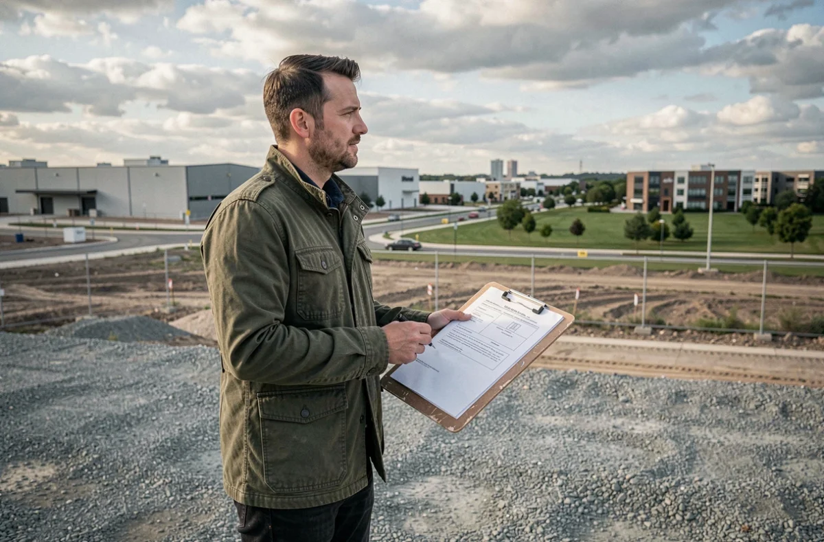 Entrepreneur en visite terrain évaluant le potentiel d'un territoire pour l'implantation de son entreprise dans une zone en développement
